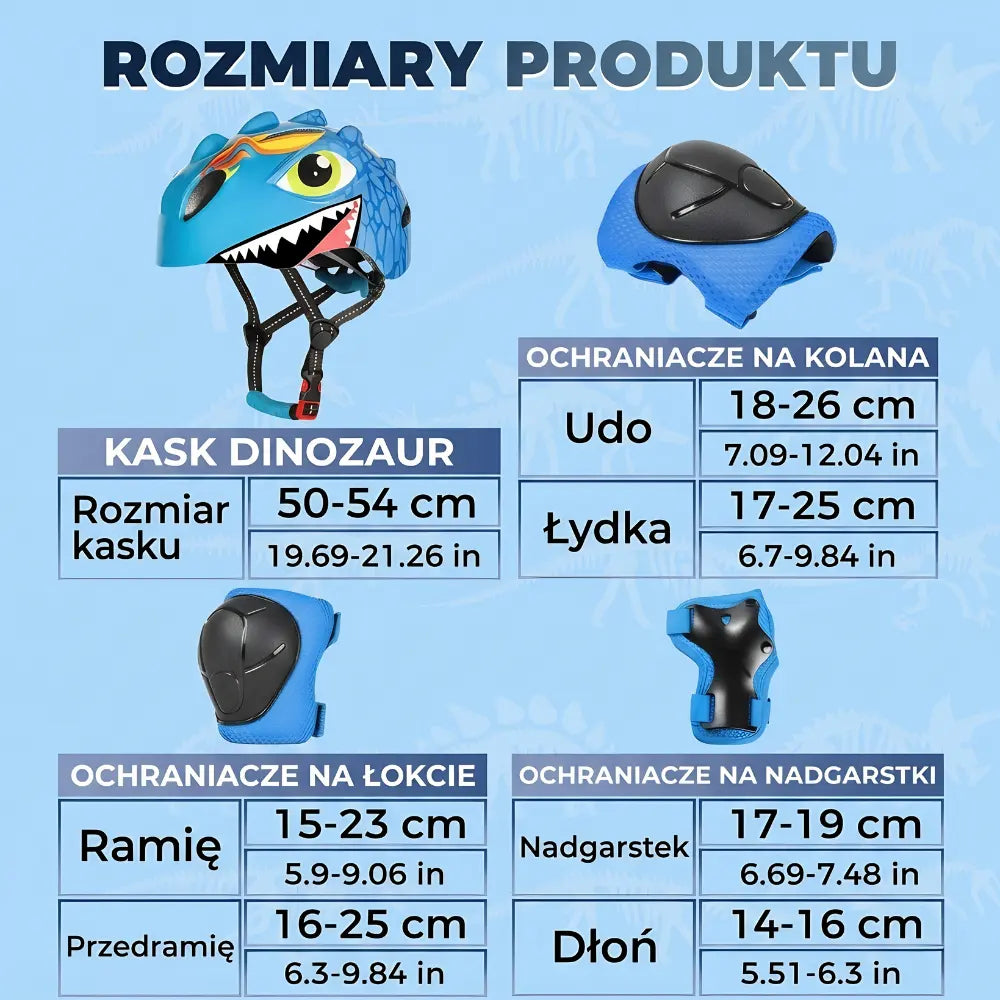 Dimensões do kask dinozaur (50-54 cm) e medidas detalhadas para ochraniacze na kolana, łokcie i nadgarstki.