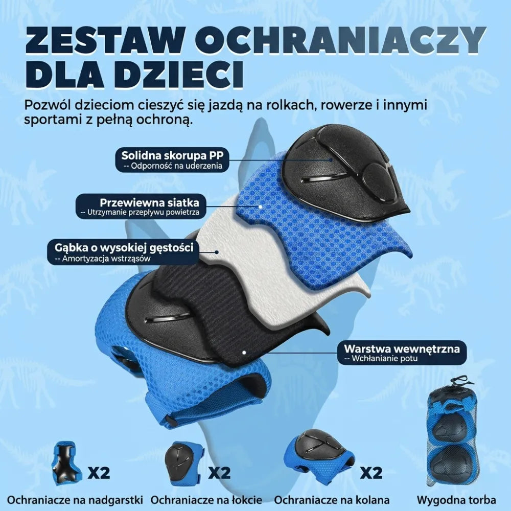 Zawartość zestawu 7 w 1 ROAR: kask 3D, para ochraniaczy na kolana, łokcie i nadgarstki oraz wygodna torba transportowa.