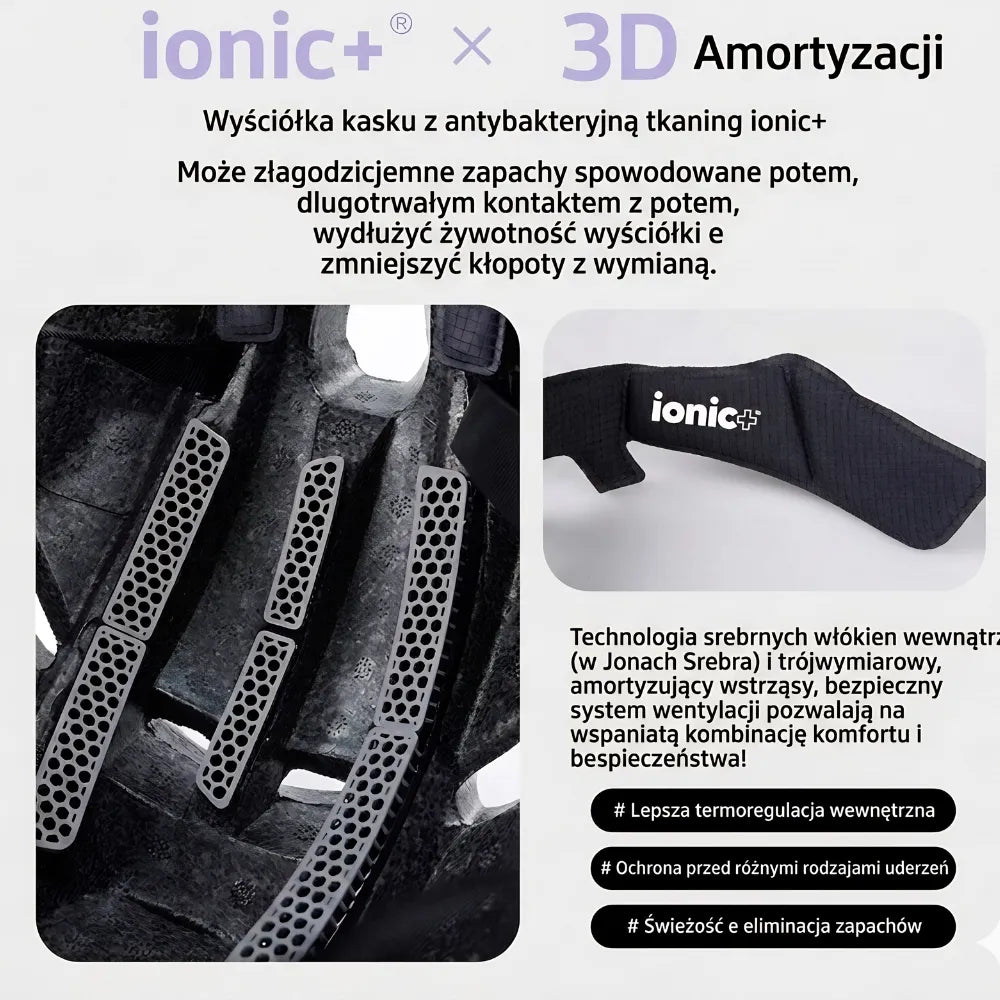 Wnętrze kasku VORTEX z wyściółką ionic+ i systemem amortyzacji 3D – ochrona antybakteryjna i maksymalny komfort.